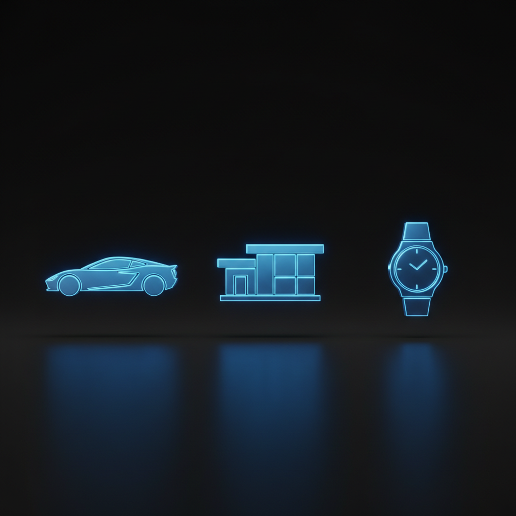 !nb Ultra-minimal futuristic Web3 icon display featuring three objects arranged horizontally in a c…