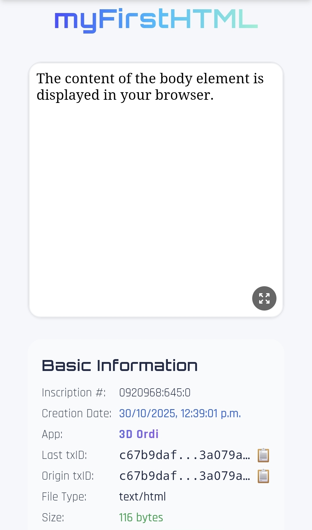 Note: Simetimes in needed to incluede "_0" at the end of txid to view the ordinal in 1sat market or…