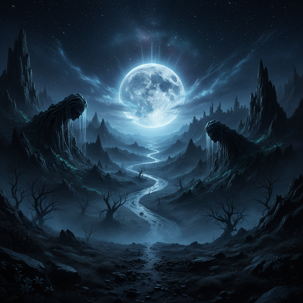 !nb dark stary night with the moon glaring magical. In a sad deep environment.