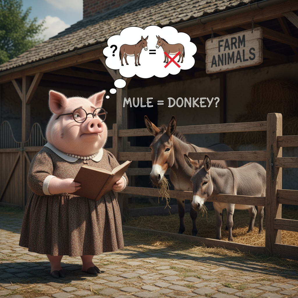 Miss Big Pig is wondering if a mule and donkey are the same thing. !nb