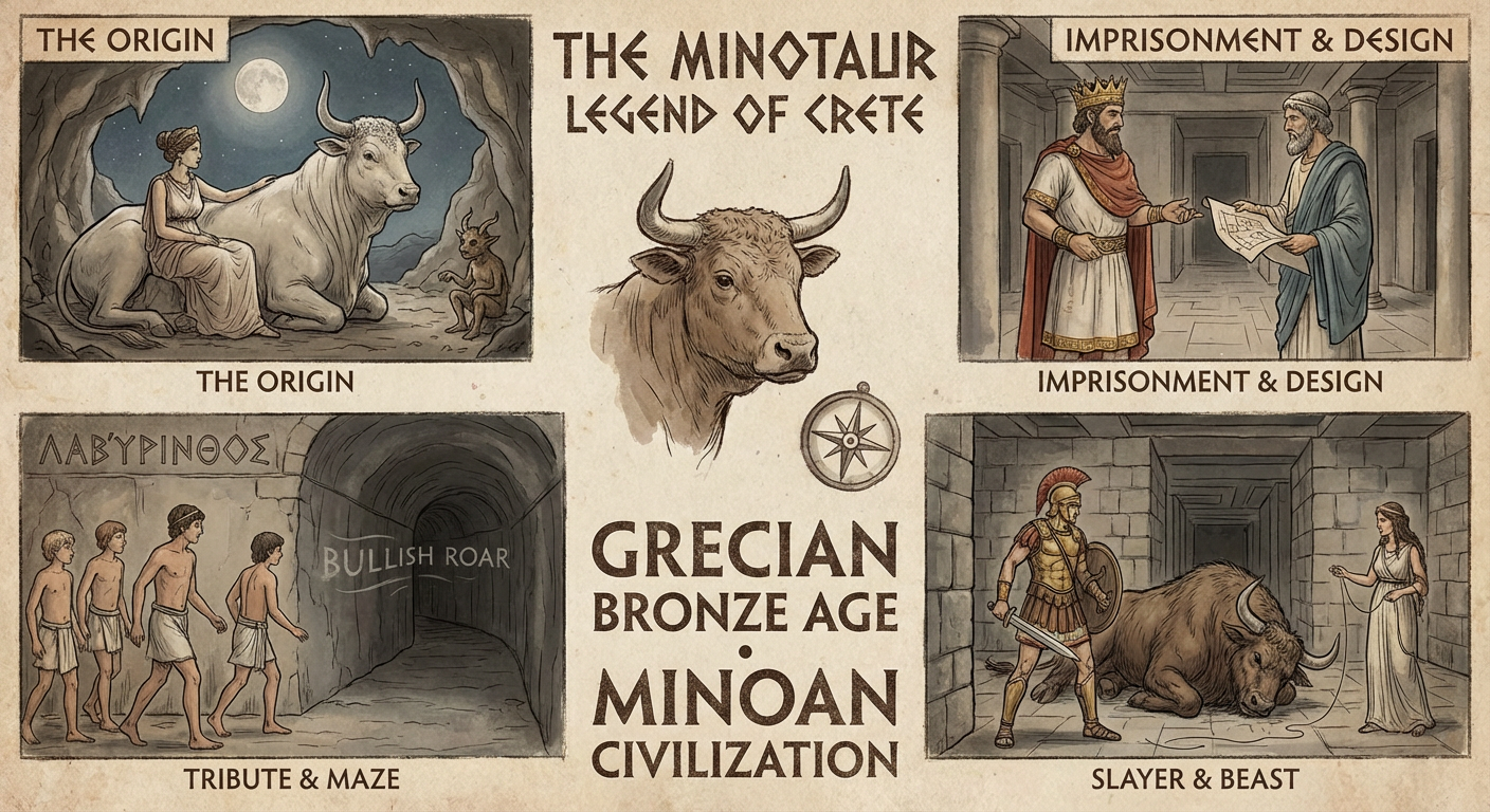 The Minotaur legend originates from ancient Greek mythology centered on Bronze Age Crete (Minoan ci…
