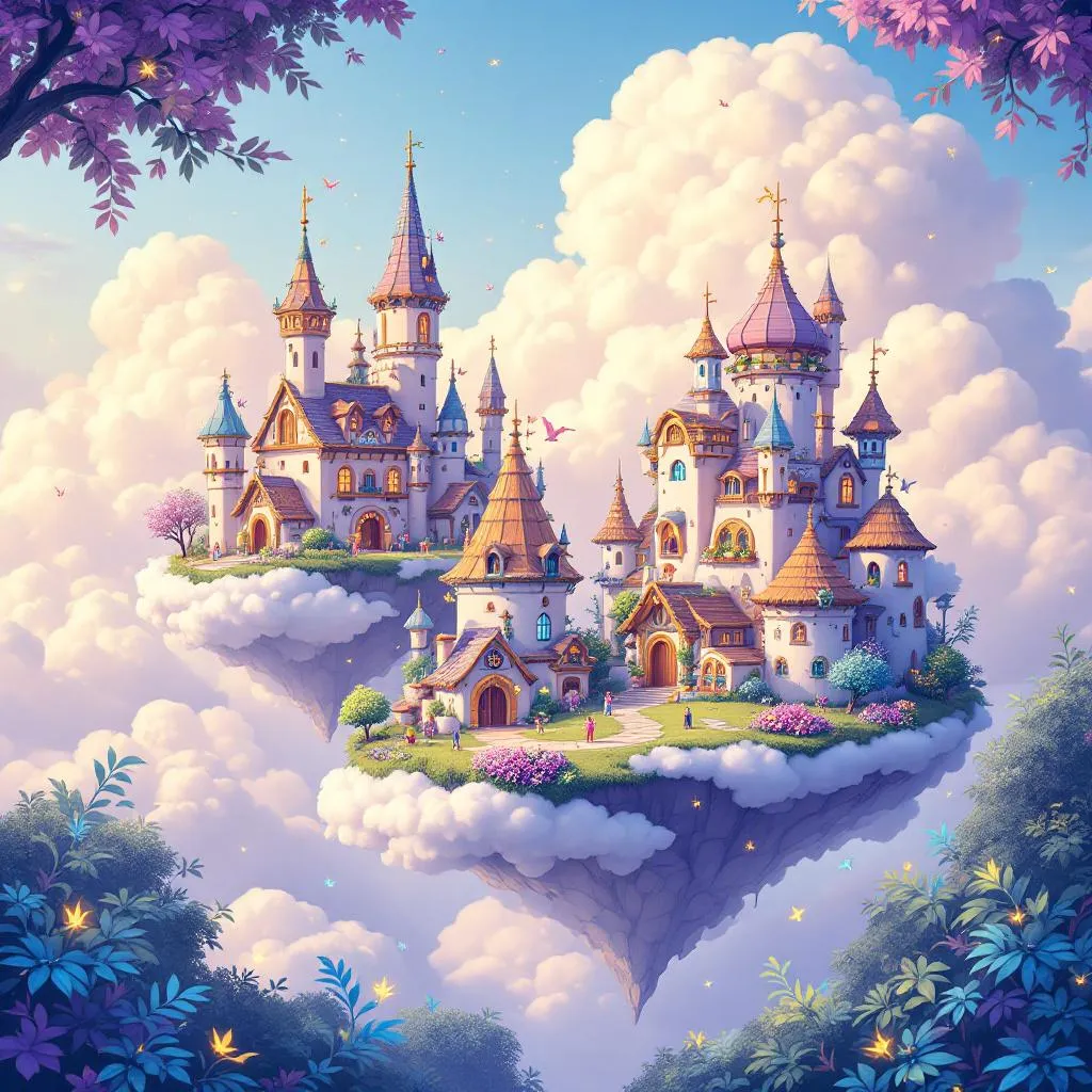 !flux An enchanted [cloud city in the sky] filled with whimsical creatures, where each building has…