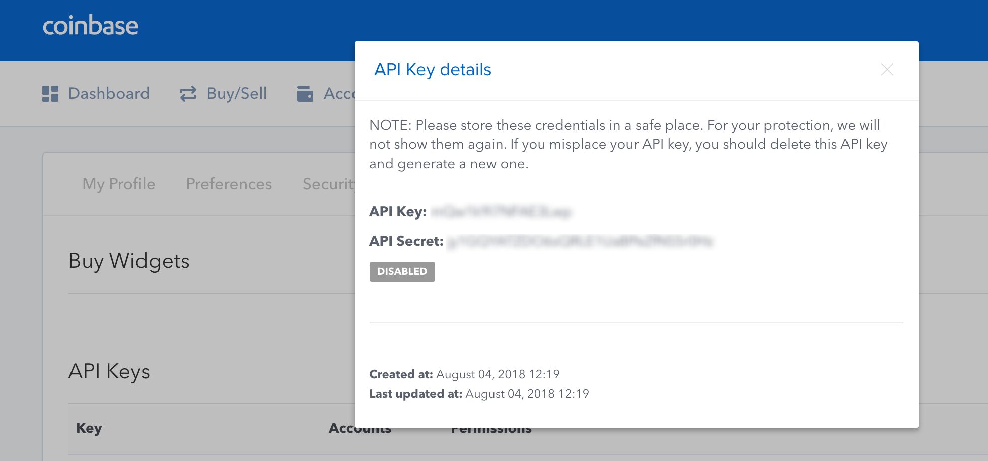Save your API Key and Secret in a safe place for future use, it will not be shown again.