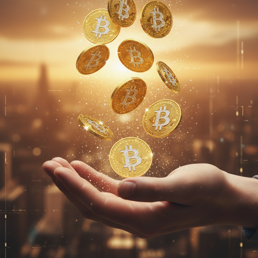 !nb Create me BITS of sparkly bitcoins falling beautifully into a palm