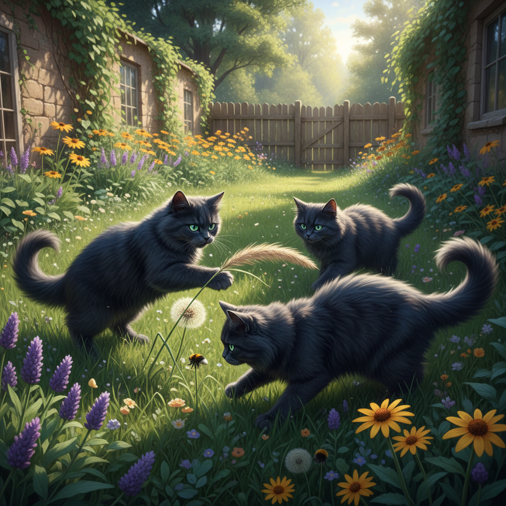 !nb Create an image of three dark Persianblue cats with green eyes  playing together in a yard,