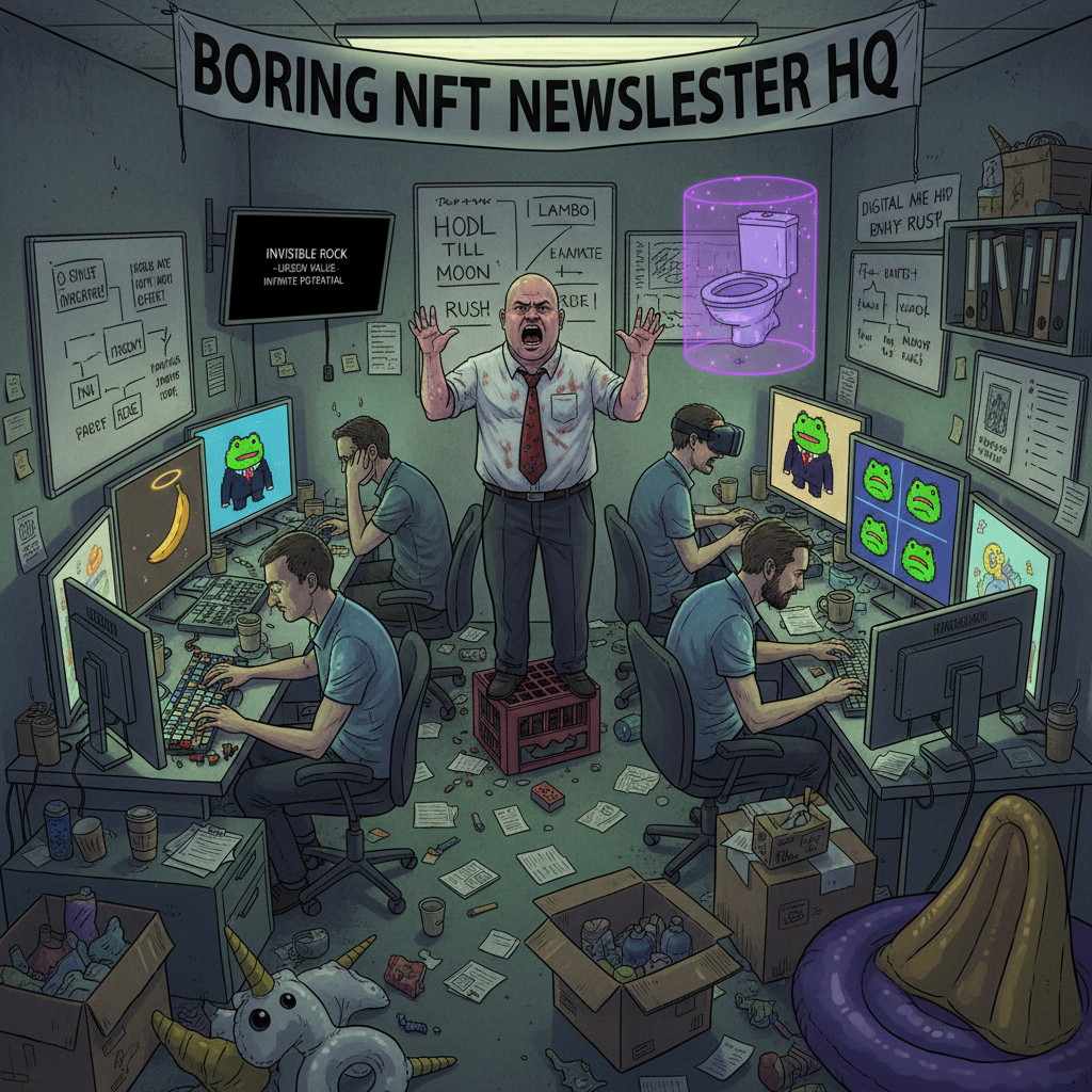 !nb “Boring NFT Newsletter Office” Tiny office full of exhausted NFT analysts reviewing ridiculous …