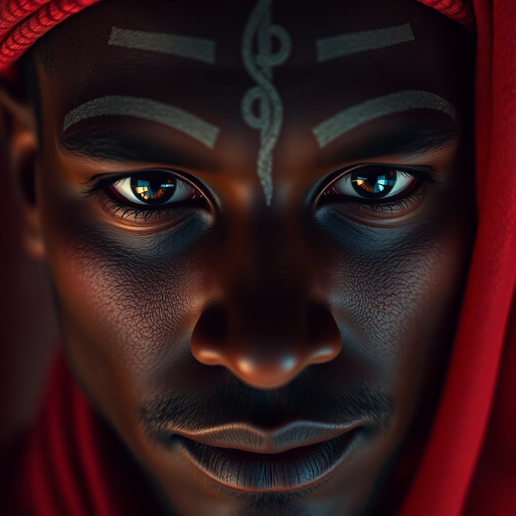 Close-up portrait of a Saharan man with traditional markings subtly forming hash patterns, eyes ref…