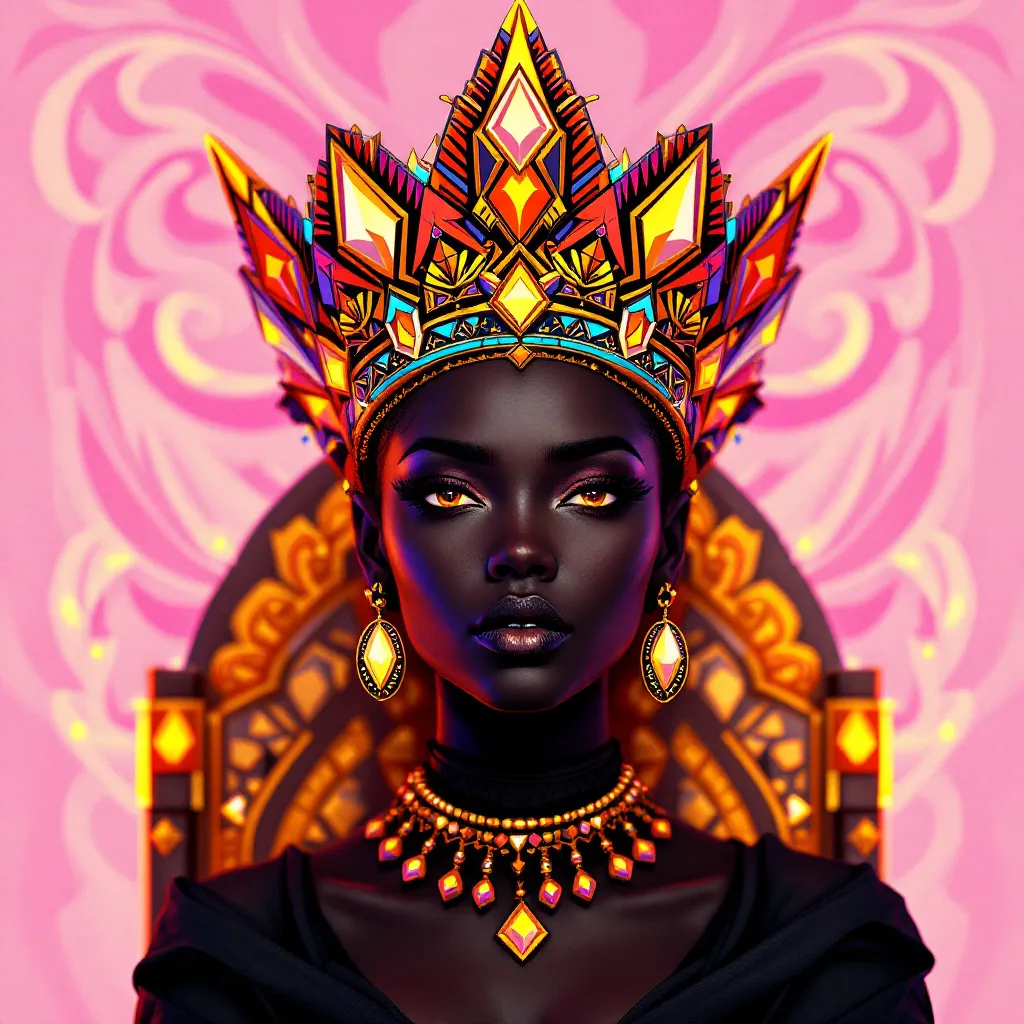 !flux11 A regal Black Queen, in 3D pixel, wearing a geometric crown fused with tribal patterns in s…