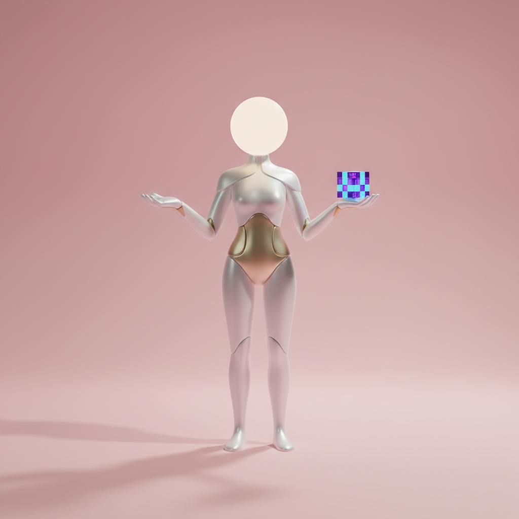 6. Genesis Relic Bearer
Minimalist 3D pixel statue holding a small glowing voxel cube, faceless hea…