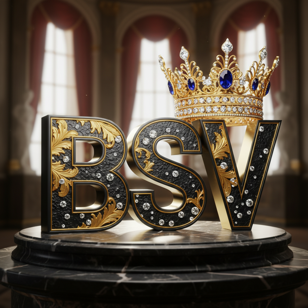 !nb A luxurious 3D typography design featuring the text "BSV" rendered in gleaming metallic gold an…
