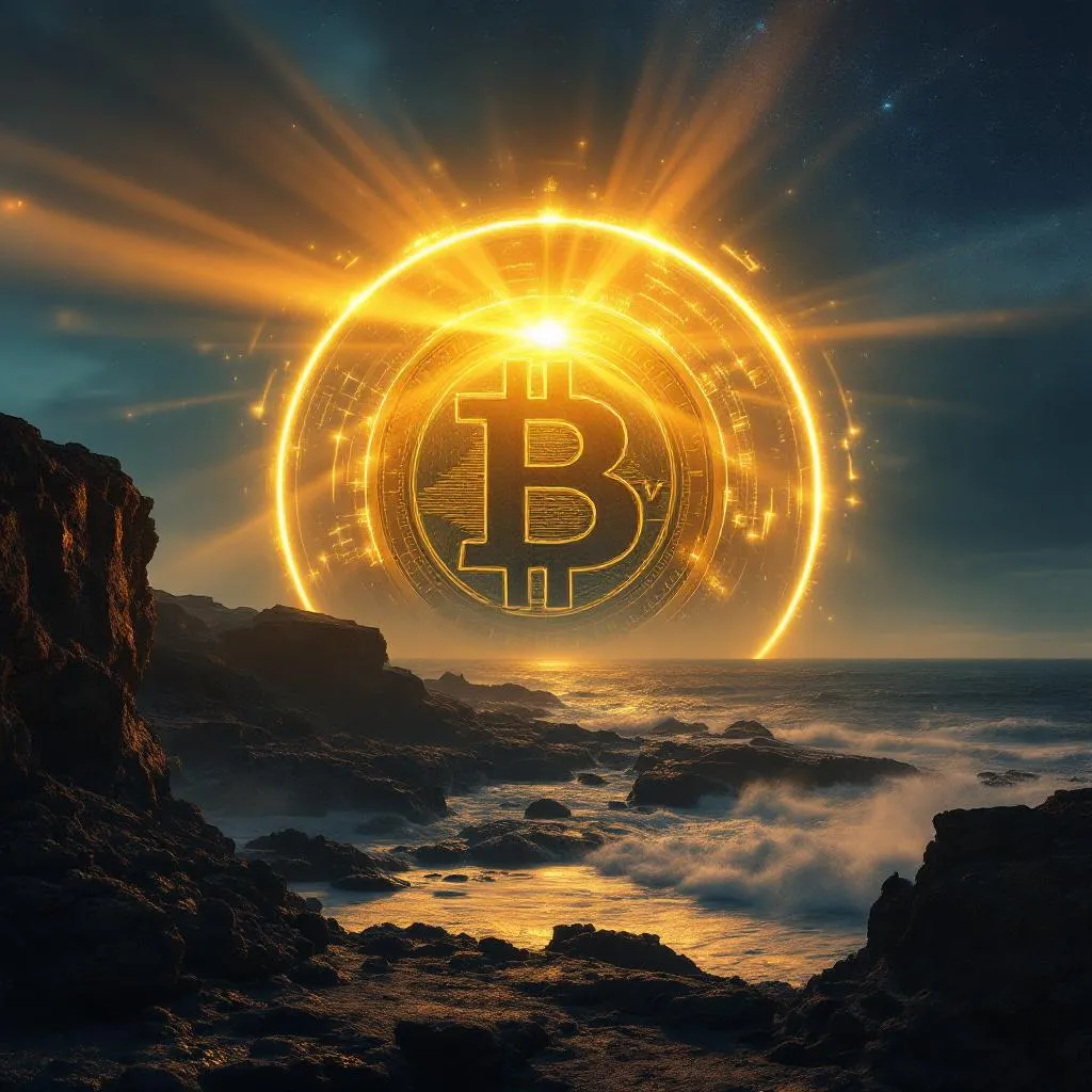 🔟 The Beacon
A massive BSV coin acting like a lighthouse on the African coastline, beams of golden …