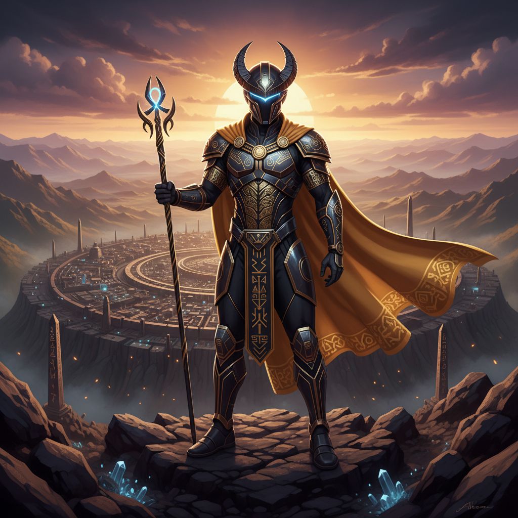 An elite African apex figure standing on a high plateau in the Horn of Africa, wearing obsidian and…