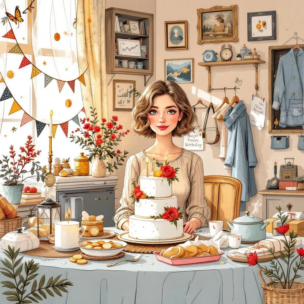 !flux Create a whimsical, richly detailed birthday illustration in the style of Anton Pieck: nostal…