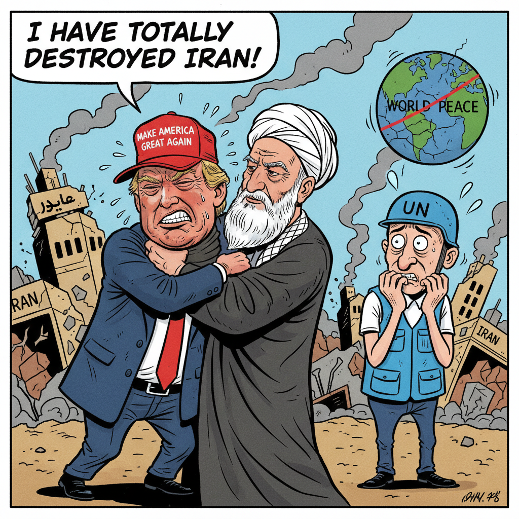 !nb cartoon of trump in a choke hold by an ayatolla saying I have totally destroyed iran. With a ne…