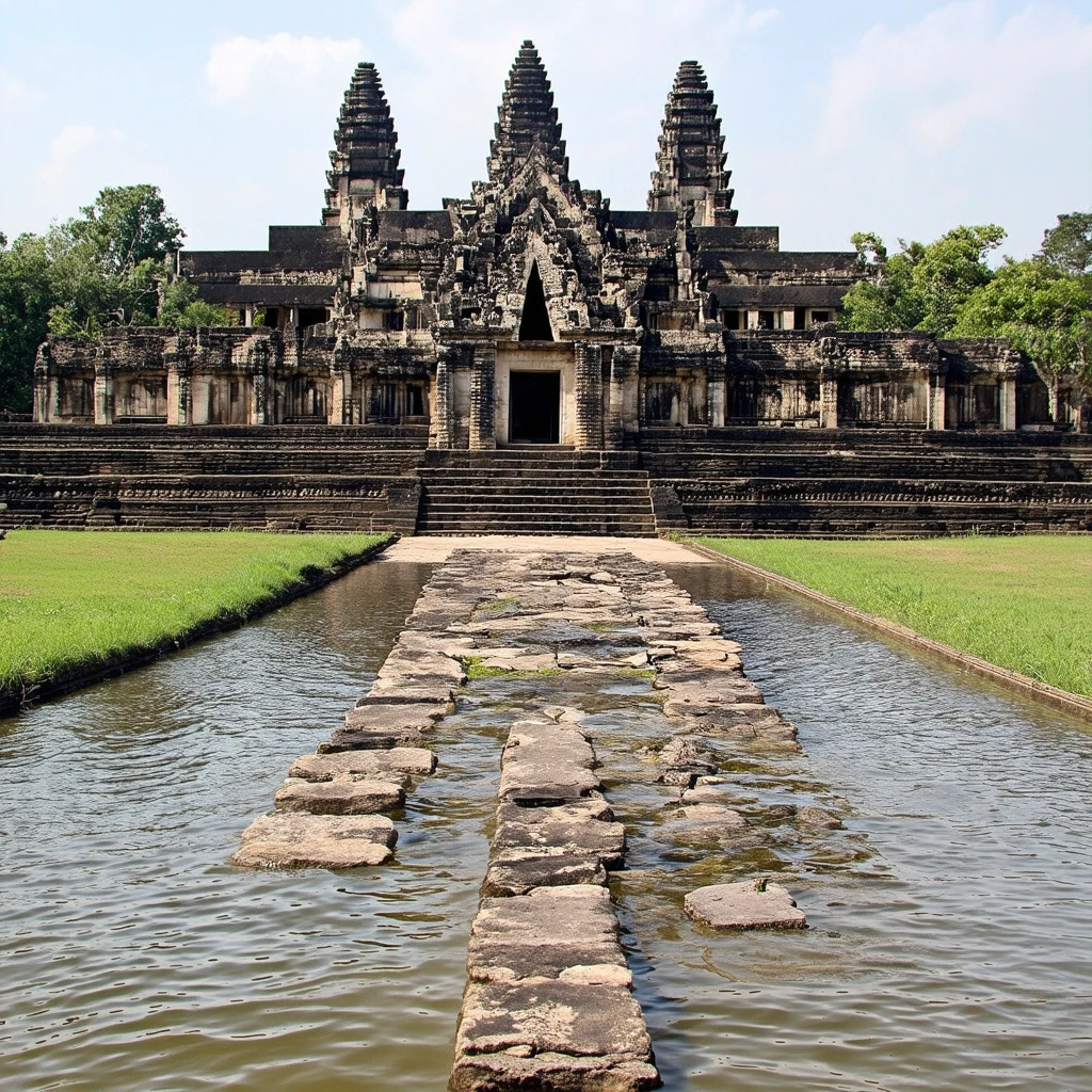 Angkor Wat:
Massive stone temple surrounded by liquid moats
Hydraulic engineering essential to the …