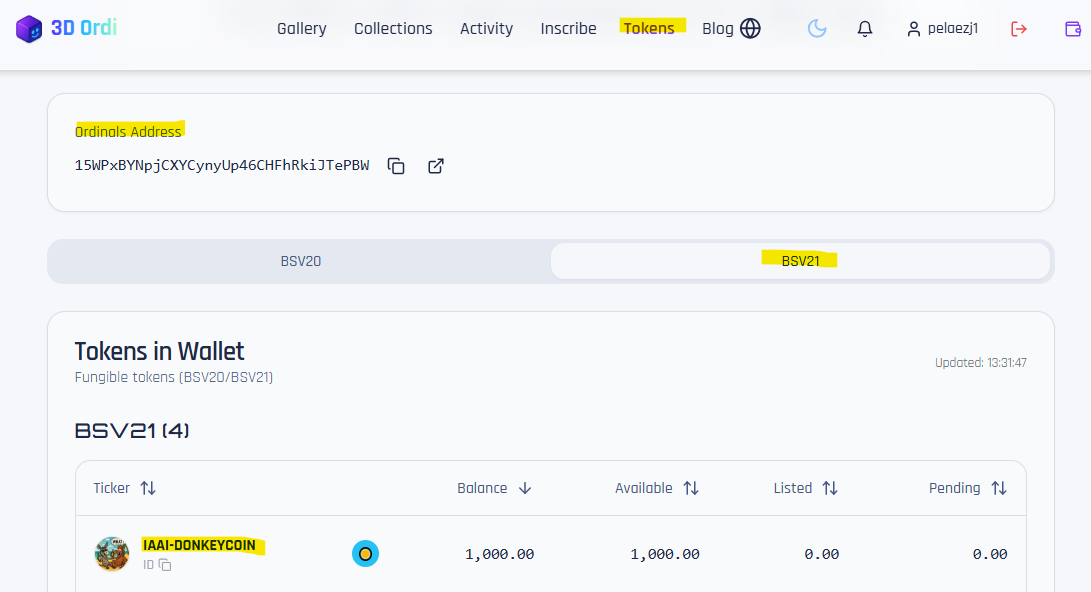 Received Thank you.!
You can also view the BSV20 and BSV21 tokens that are in your connected wallet…