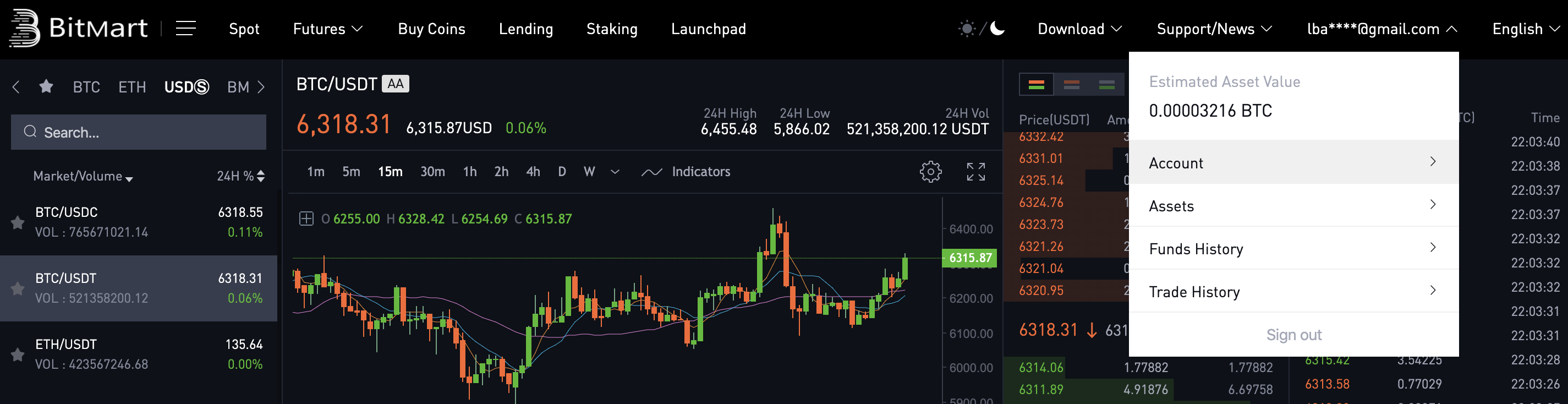 After you login to Bitmart account, navigate to Account in upper right hand menu