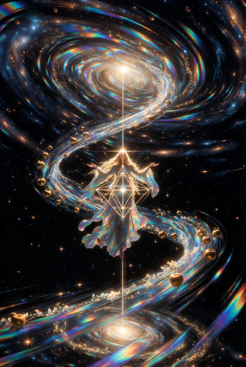 I follow the path of the rightward turning upward ascending spiral double-helix (vortex) of light u…