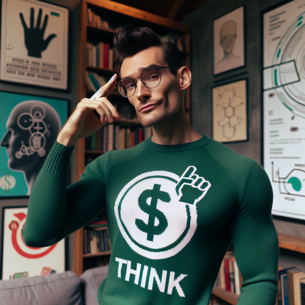 !dalle Sheldon Cooper de Bigbang Theory con su pullover verde pero con el logo de Handcash y la man…