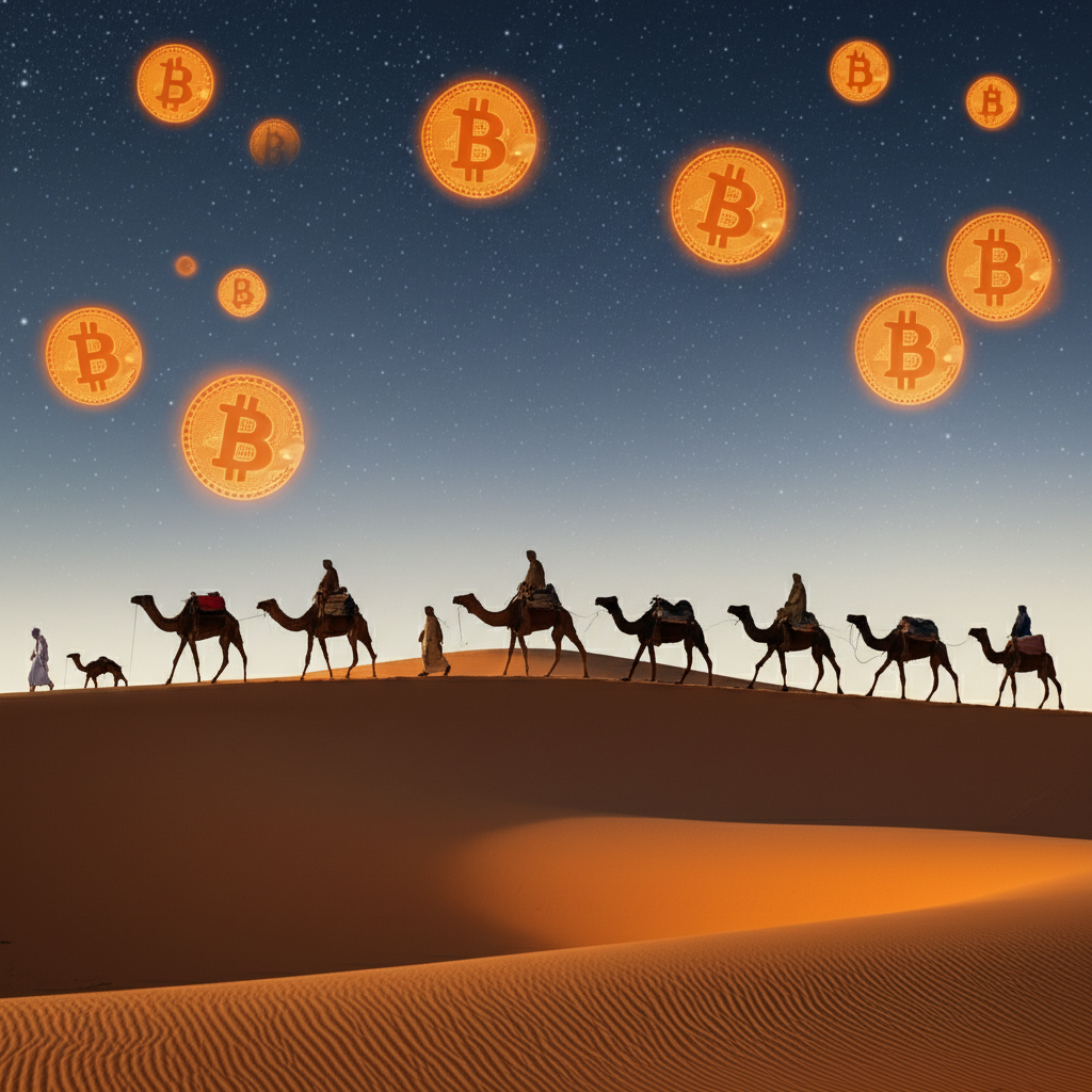 5. Bitcoin Caravan
Traditional desert caravan of camels crossing dunes, glowing Bitcoin symbols gui…