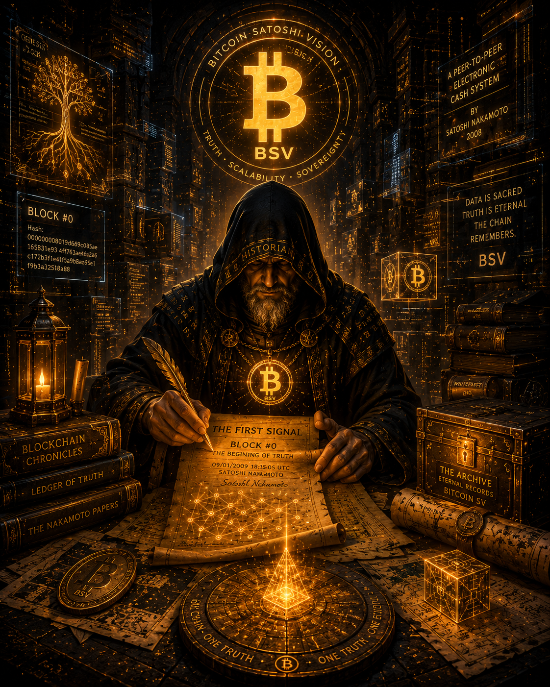 🔥 FOR SALE — 1/1 BSV NFT 🔥
🟠 BSV HISTORIAN — THE FIRST SIGNAL 🟠
A cinematic 1/1 digital artifact pr…