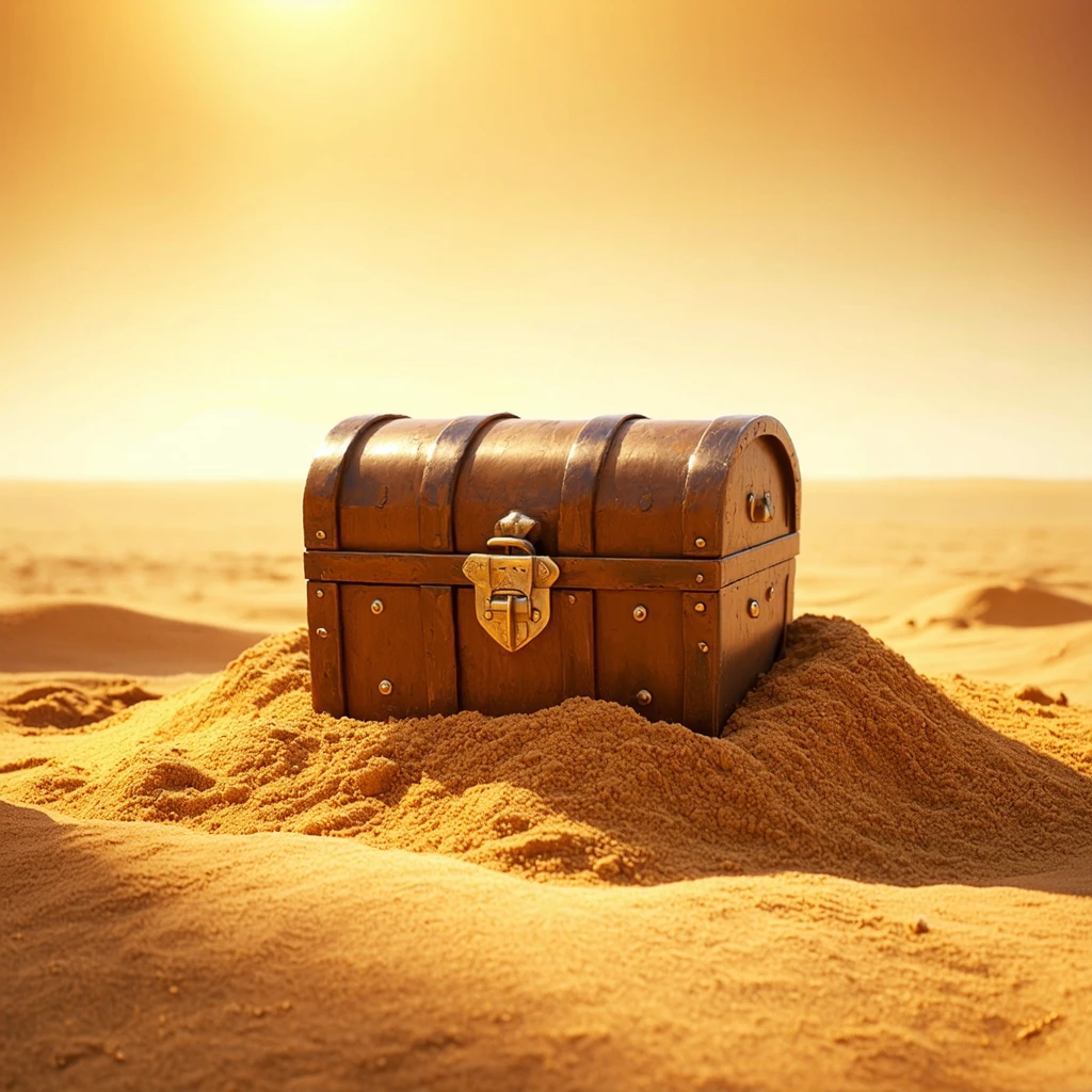 Sunken Wealth:
Treasure chest half-buried in golden sand, soft cinematic rays, surreal realism, tre…