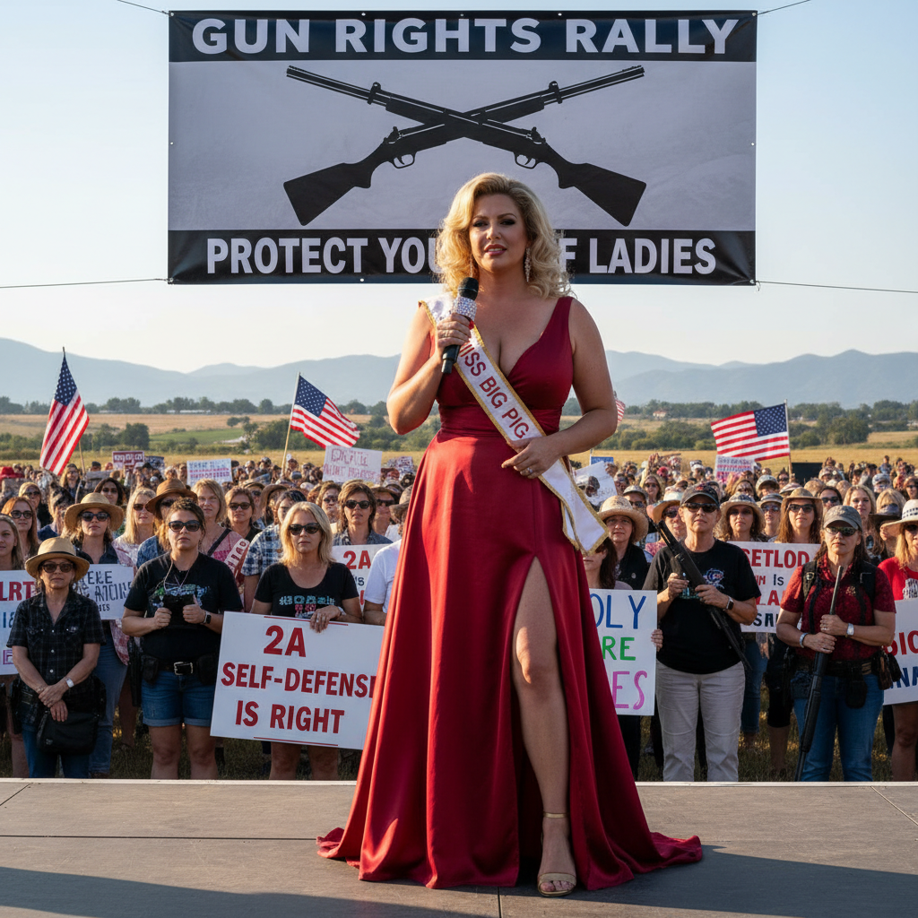 Sex goddess Miss big pig (dressed in super sexy red dress) speaks to women at a gun rights rally: p…