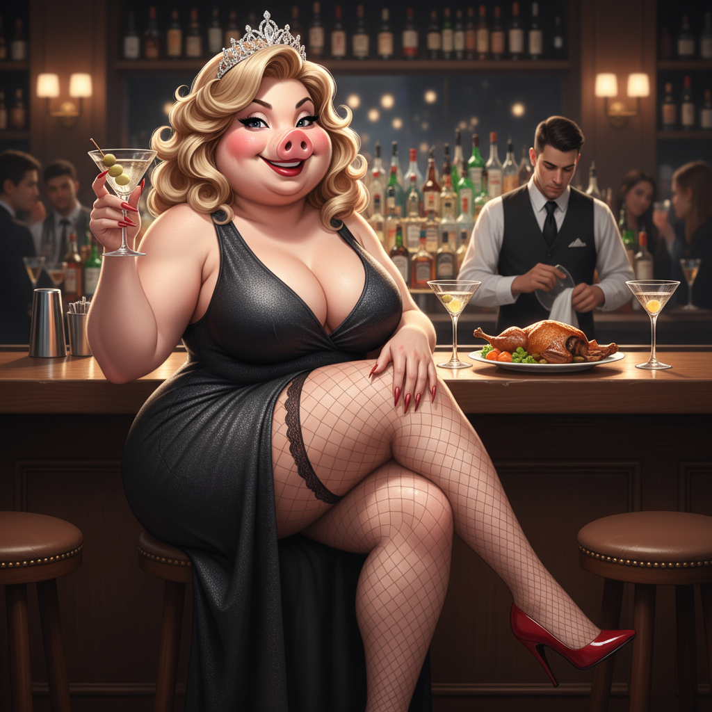 Miss Big Pig is at the bar having a few martinis after a big dinner and she is dressed up super sex…