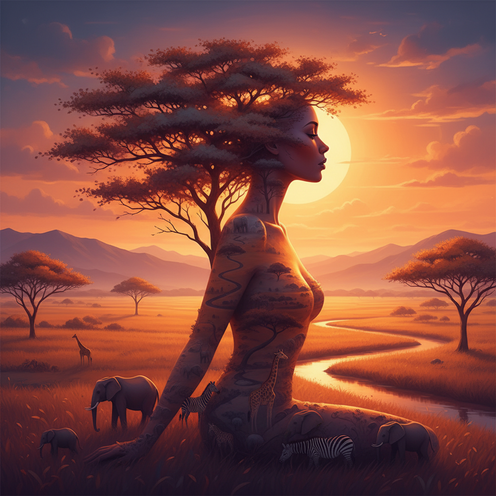 6. Savanna Symphony
African landscape blending seamlessly into a woman’s silhouette, acacia trees a…