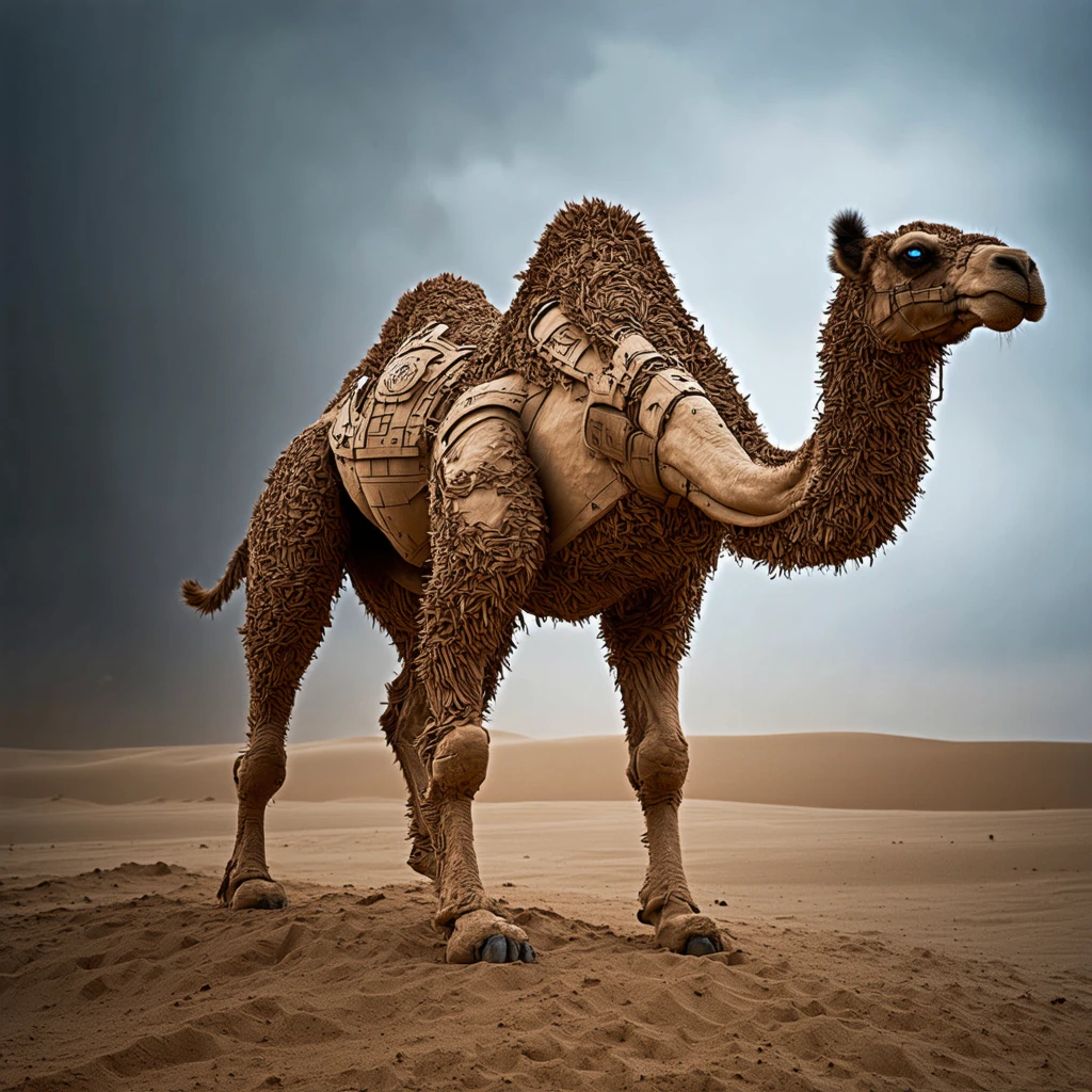 A futuristic camel sculpted from sand and light, glowing eyes with cryptographic symbols, frozen mi…