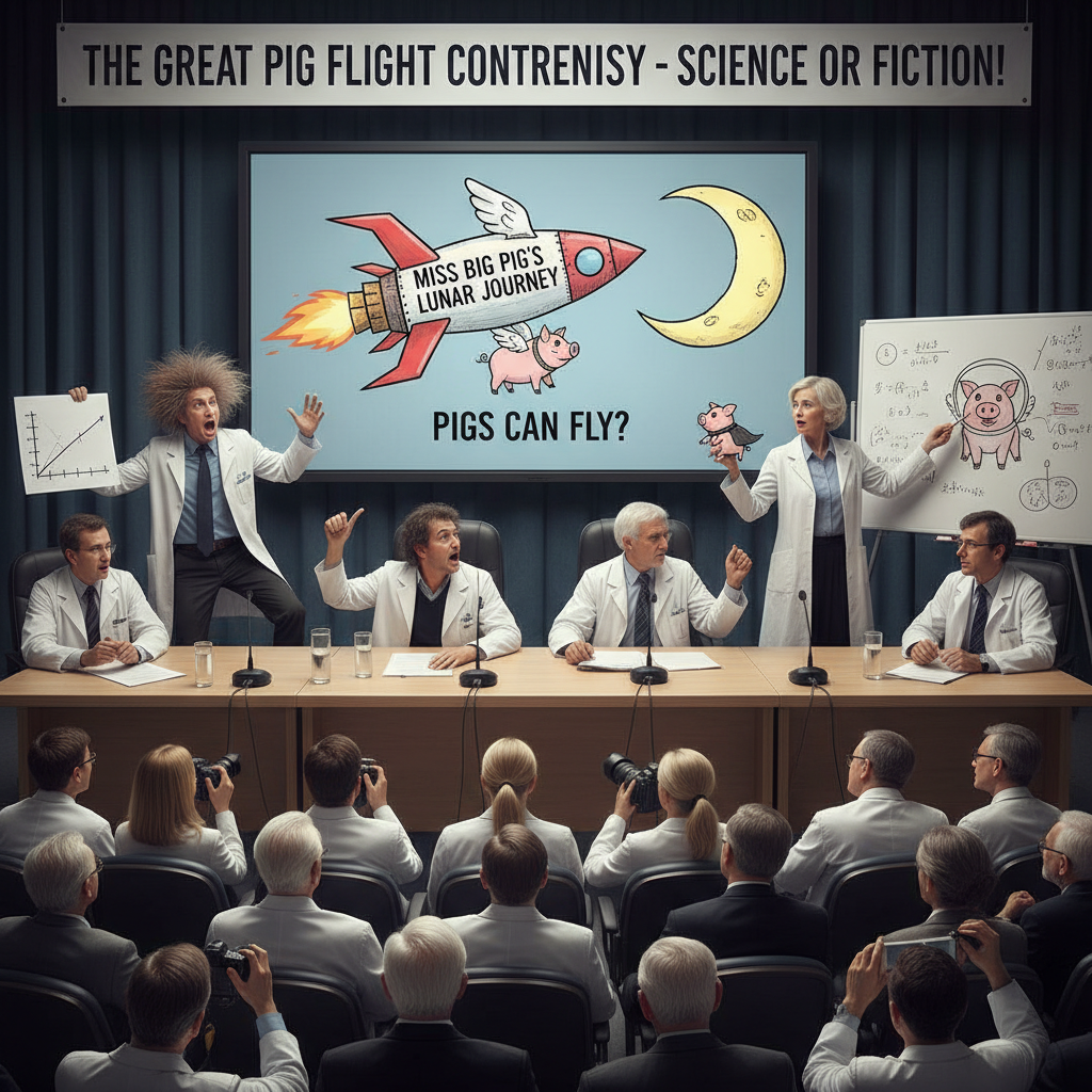 Scientists debate if Miss Big Pig's recent flight to the moon proves that Pig's can fly?  !nb