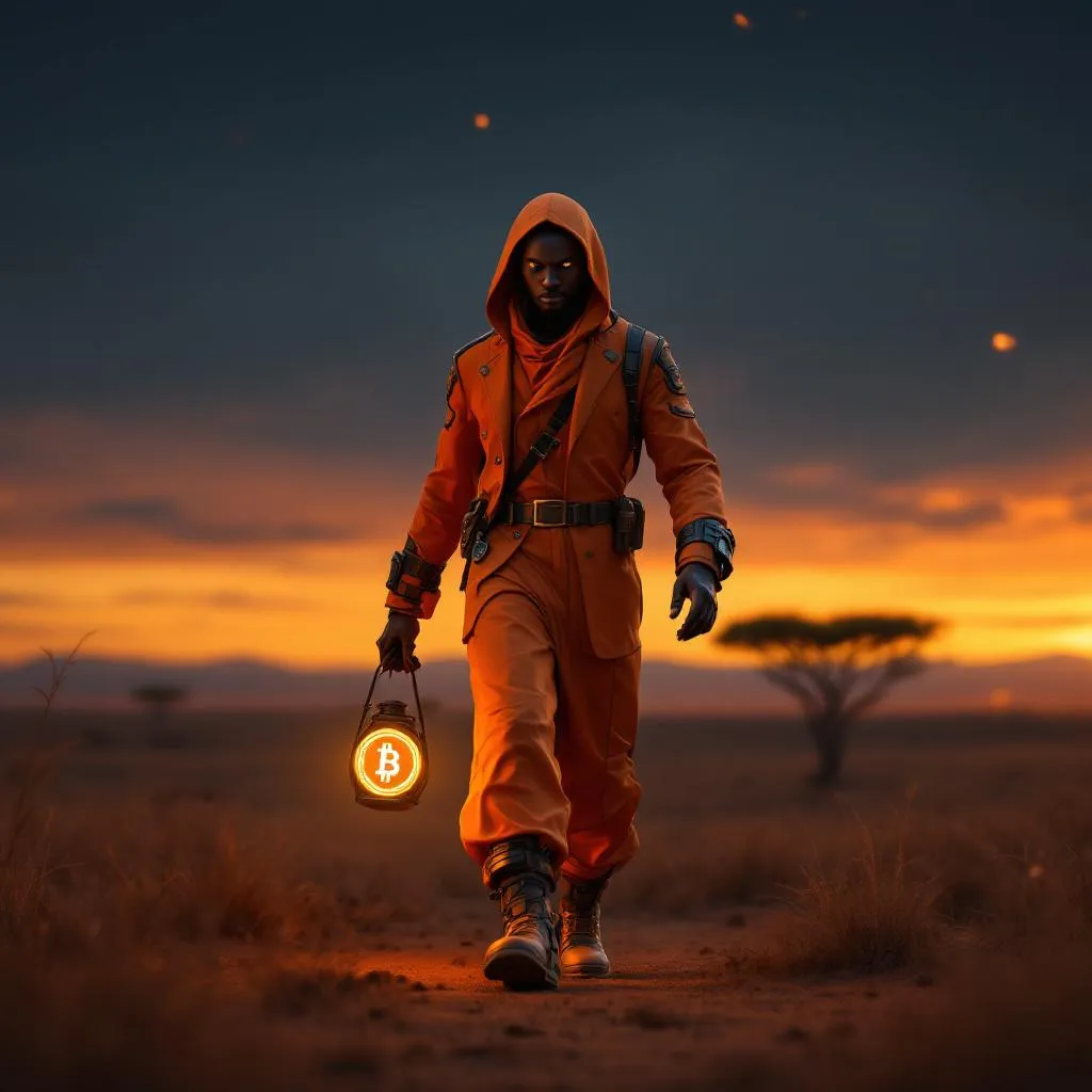 2️⃣ The Orange Messenger
A futuristic African figure carrying a floating glowing BSV coin like a lant…