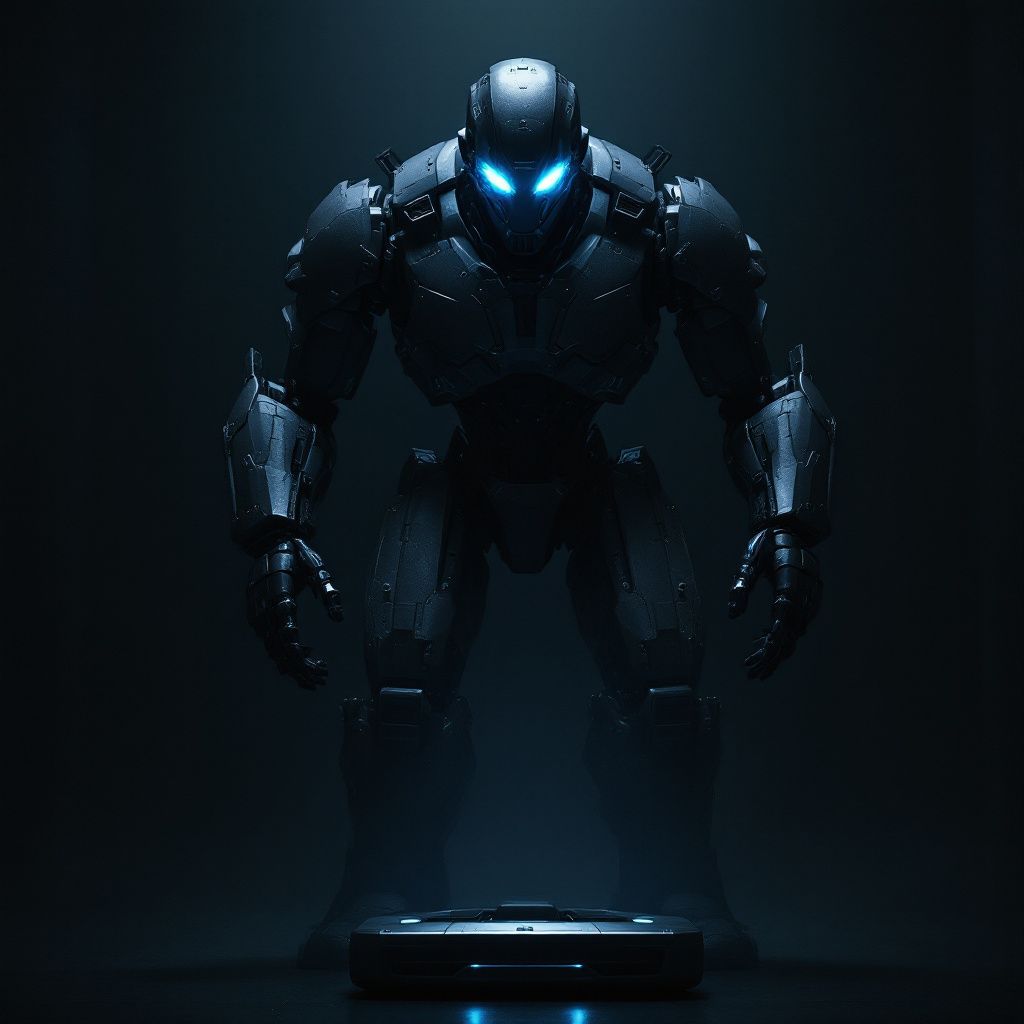 !flux11 menacing looking robot standing in a corner next to the vacuum cleaner, with piercing blue …