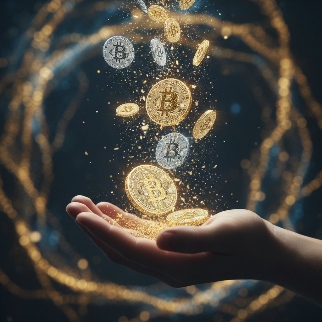 !nb Create a portrait of BITS of sparkly bitcoins falling beautifully into a palm