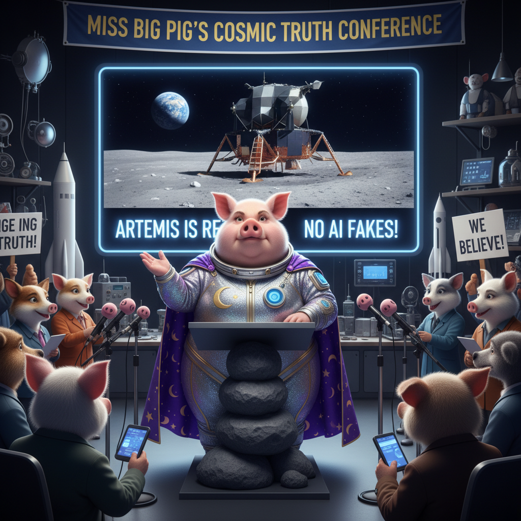 Miss Big Pig denys all rumors that the Artemis moon landing was faked and the photos all AI generat…