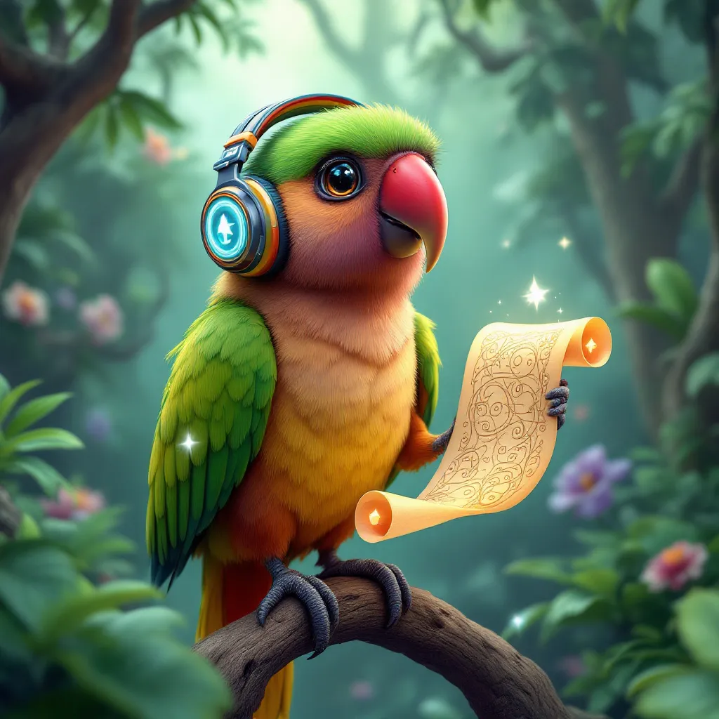 !flux11 A quirky 3D parrot with headphones and a floating NFT scroll in its claws. Background is a …