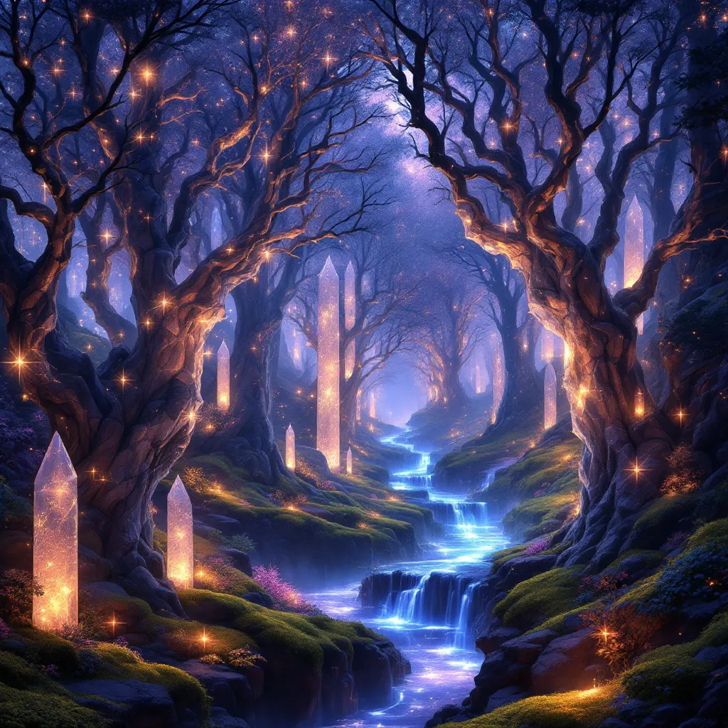 !flux Ancient, crystalline forest humming with ethereal energy, starlight rivers carving valleys. E…
