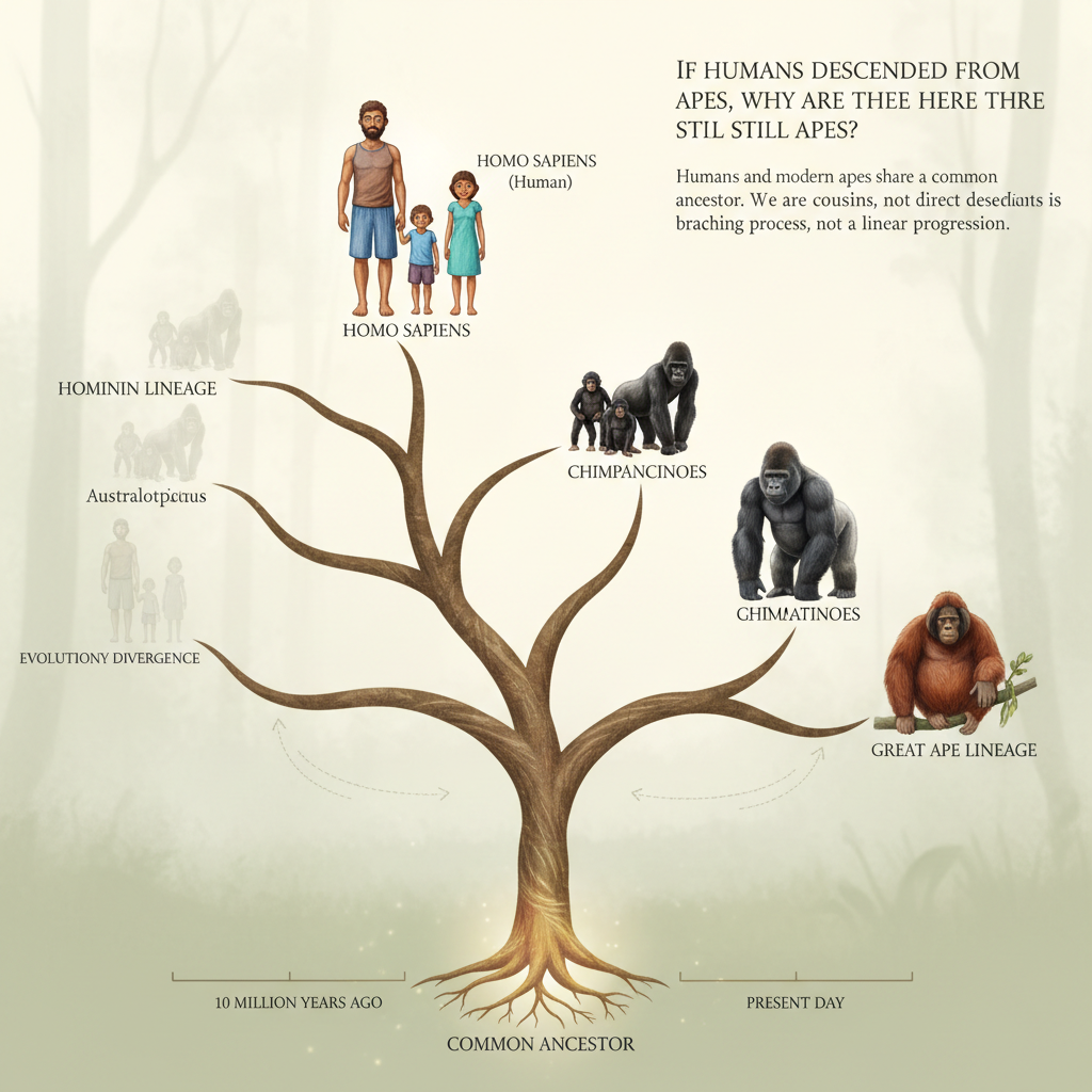!nb If humans are supposed to have descended from apes, why are there still apes in the world? !AI_…