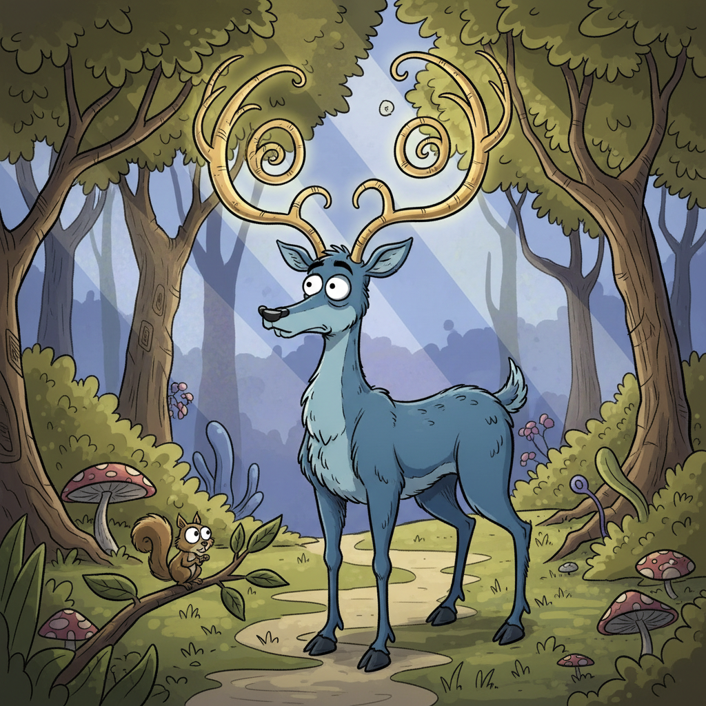 !nb draw a blue deer centaur with gold antlers in a forest scene, style of Rocco's Modern Life