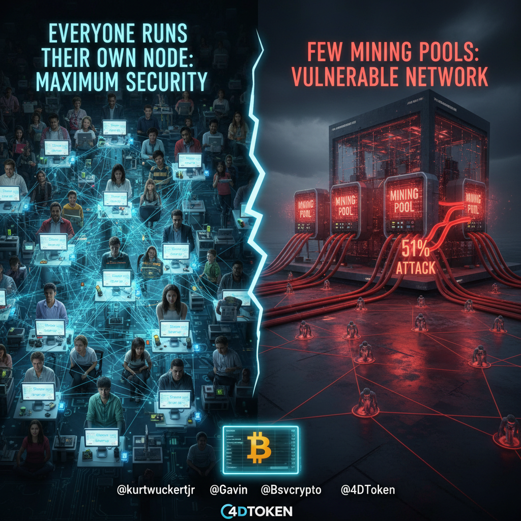 !nb Is it more secure for Bitcoin if everyone runs their own node, or is network security the same …