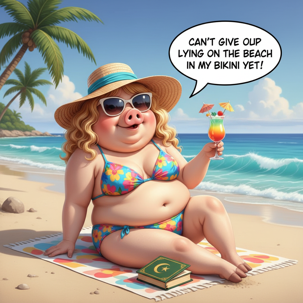 Miss Big Pig isn't ready to convert to islam yet, she says she can't give up lying on the beach in …