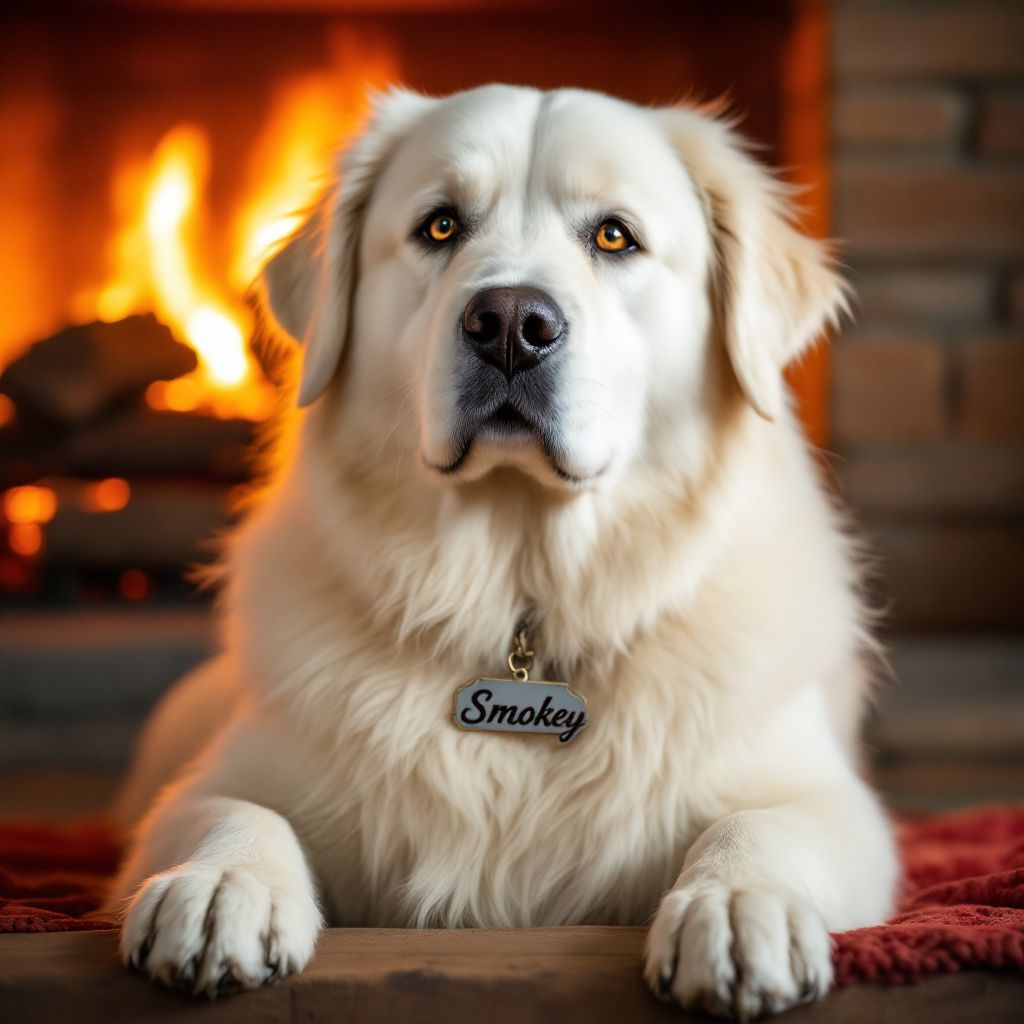 !flux11 !flux11 my Great Pyrenees dog all white with golden eyes in front of fireplace. His name wa…