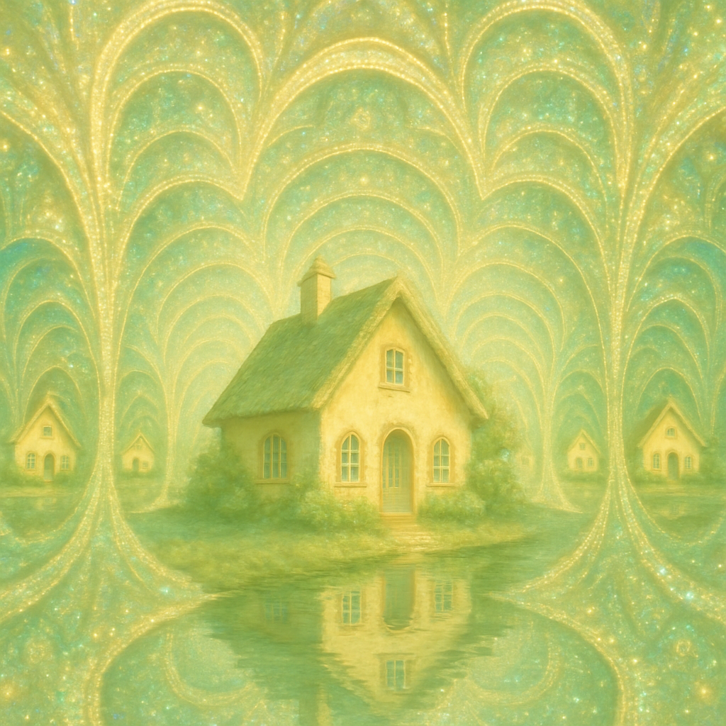 !gpt4o A charming cottage reflected within a Fractal Infinity Mirror, creating endlessly repeating …