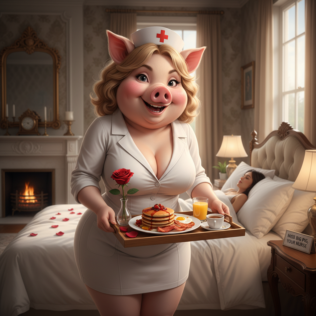 Miss Big Pig will be your sexy nurse, serving you breakfast in bed. !nb