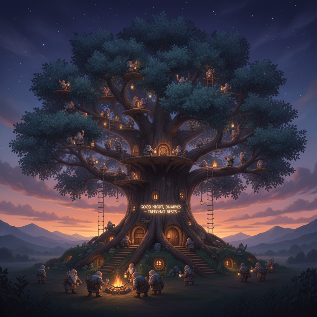 !nb the falling night over the treechat invites the dwarves to go to bed.