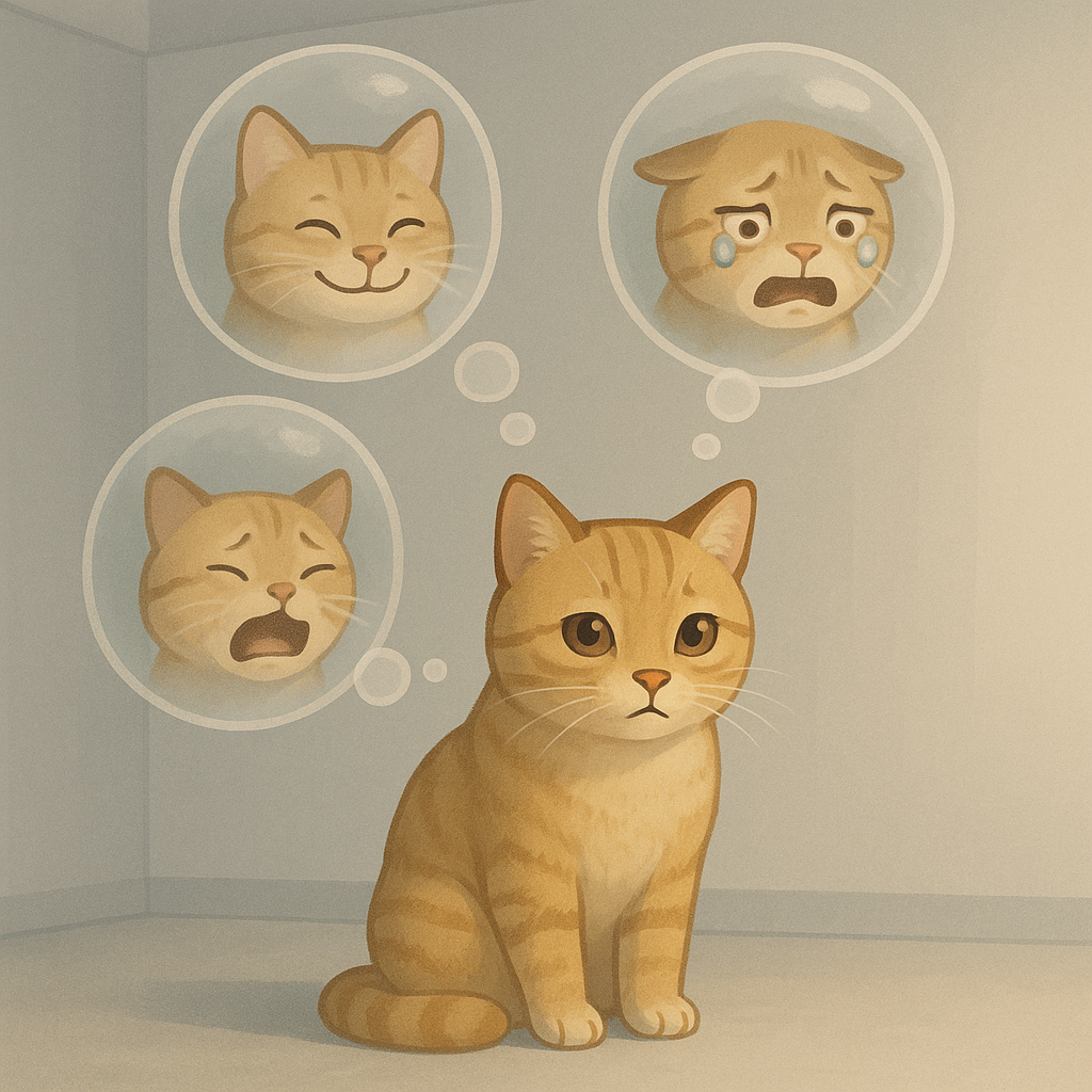 !gpt4o A [cat] sits alone in a minimalistic room filled with floating, semi-transparent thought bub…