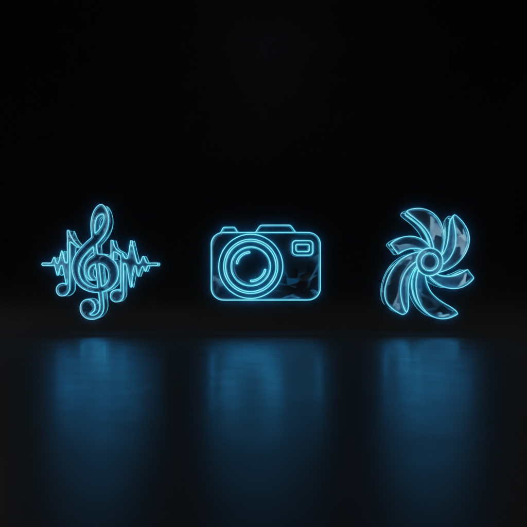 !nb Ultra-minimal futuristic Web3 icon display featuring three objects arranged horizontally in a c…