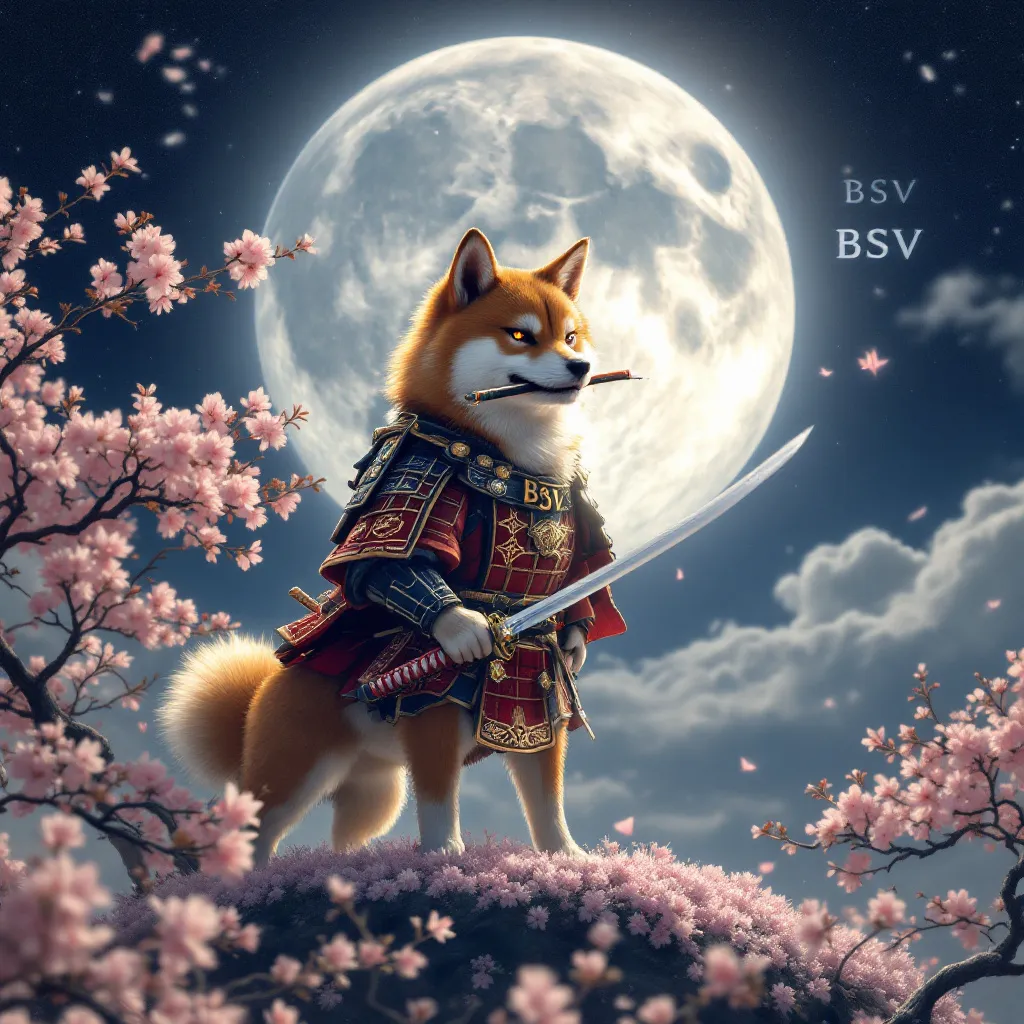 !flux 1. A shiba inu samurai standing on a floating island of cherry blossoms, wielding a katana wi…