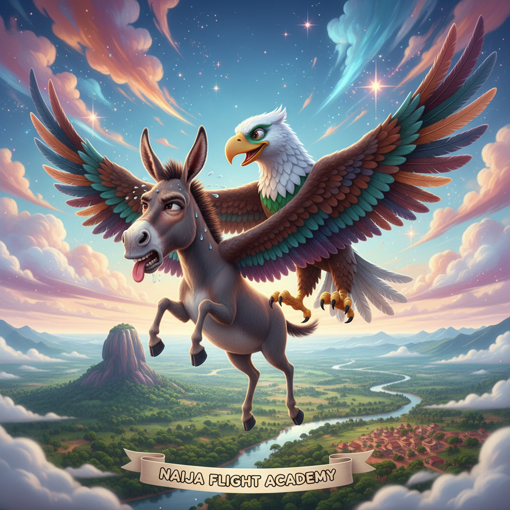 The Great Flying Lesson
!nb A determined donkey wearing oversized wings while the Naija eagle patie…