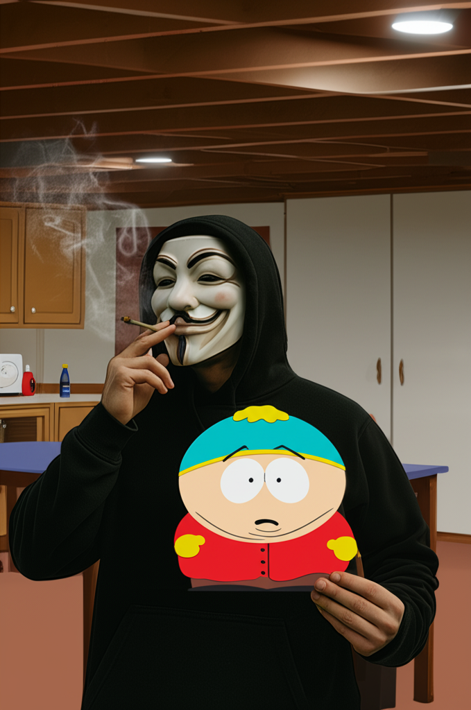 !edit make the sign he's holding a picture of Eric Cartman.  Change the background to his mothers b…